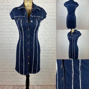 HI Jeans Dark Denim Frayed Seams Button Front Bodycon Dress